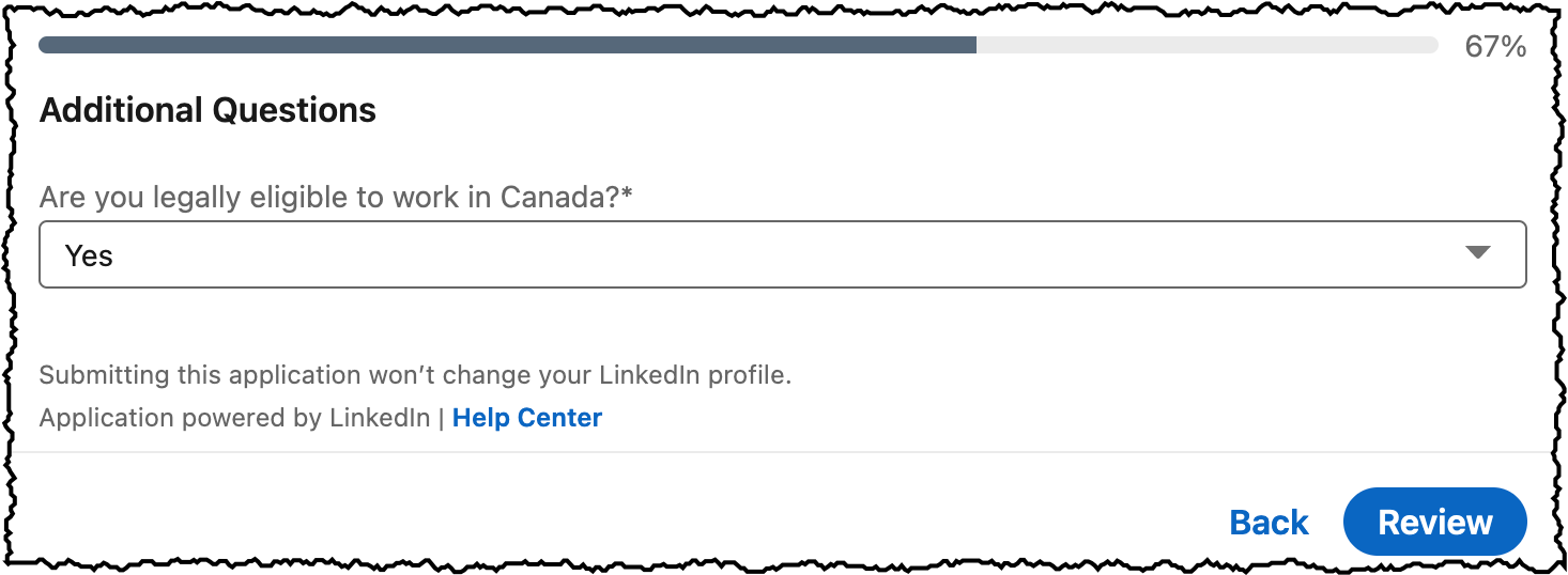 Screen shot from a 2022 LinkedIn EasyApply form that asks the question "Are you legally eligible to work in Canada?"