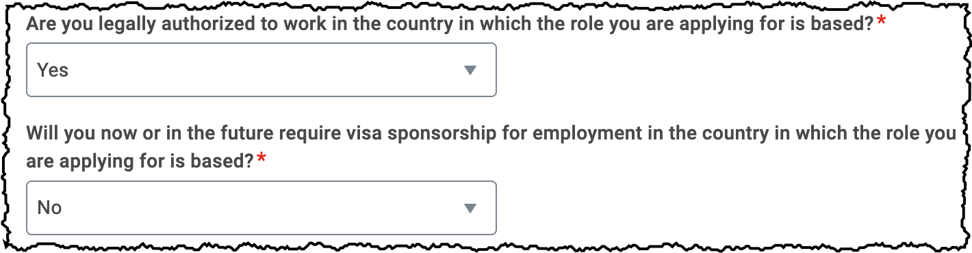 Screen shot from a 2022 Workday form that asks the question "Are you legally authorized to work in the country in which the role you are applying for is based?"